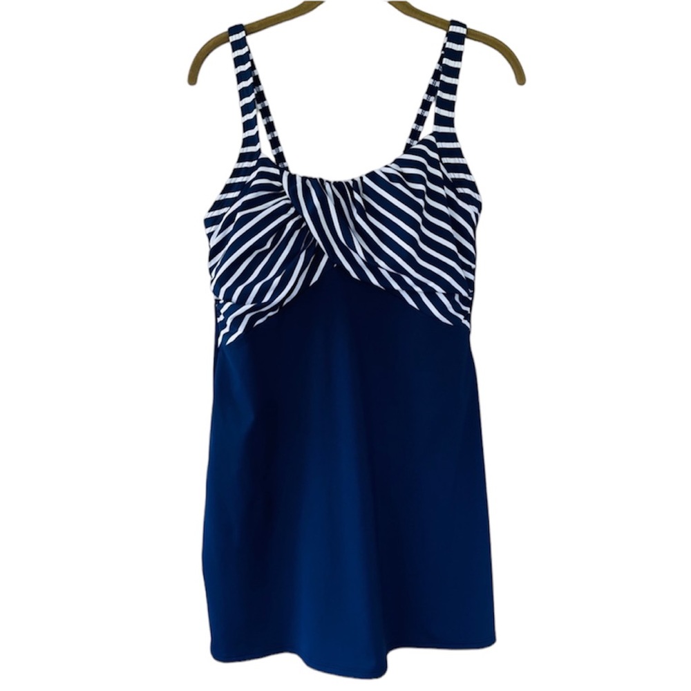 Lands' End Dresskini Navy Blue and White Stripe One Piece Swim Dress Size 8